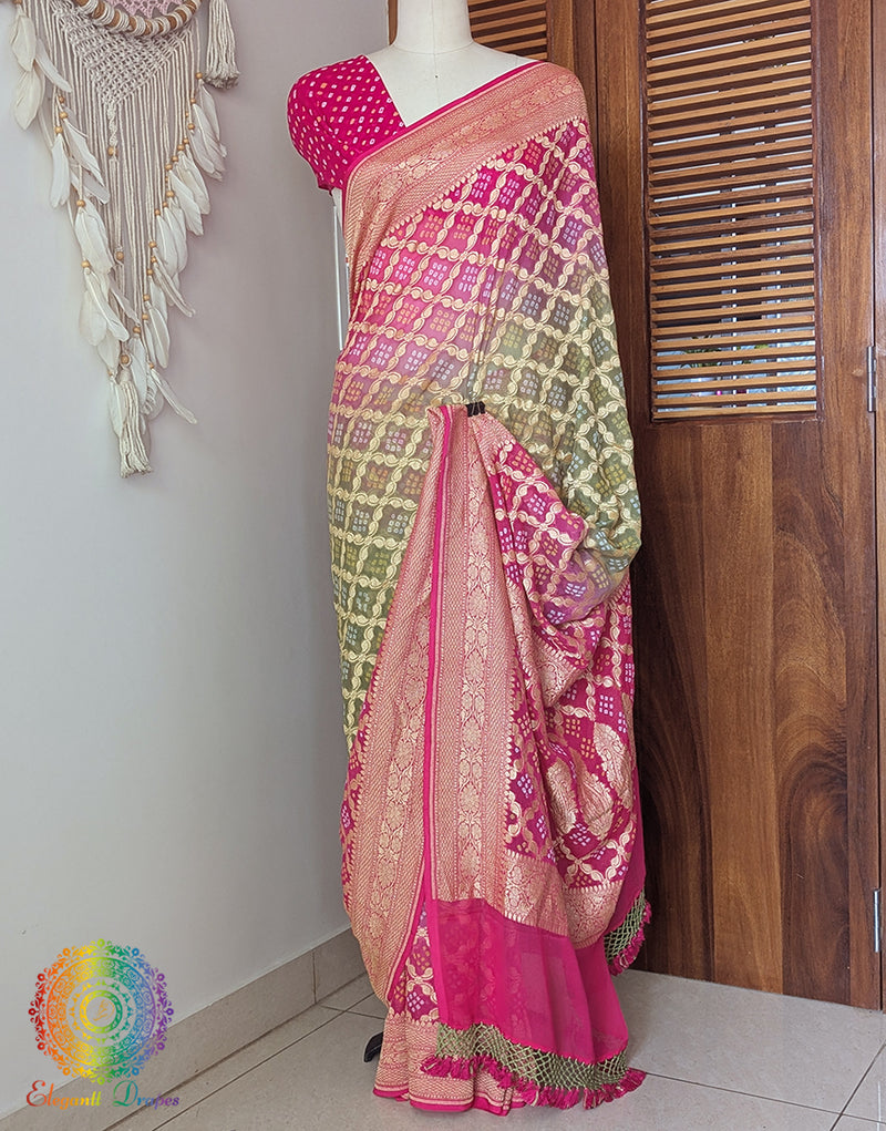 Pink Olive Banarasi Bandhani Khaddi Georgette Saree – Bandhani Saree Online India | Elegantt Drapes