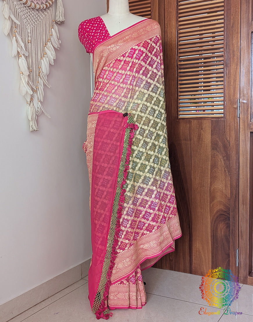 Pink Olive Banarasi Bandhani Khaddi Georgette Saree – Bandhani Saree Online India | Elegantt Drapes