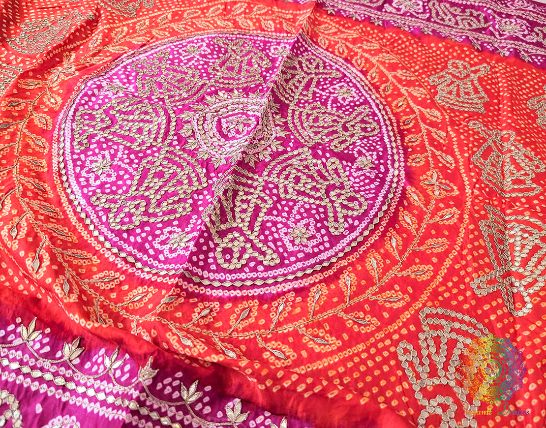 Pink Orange Gaji Silk Bandhani Gota Patti Handwork Dupatta