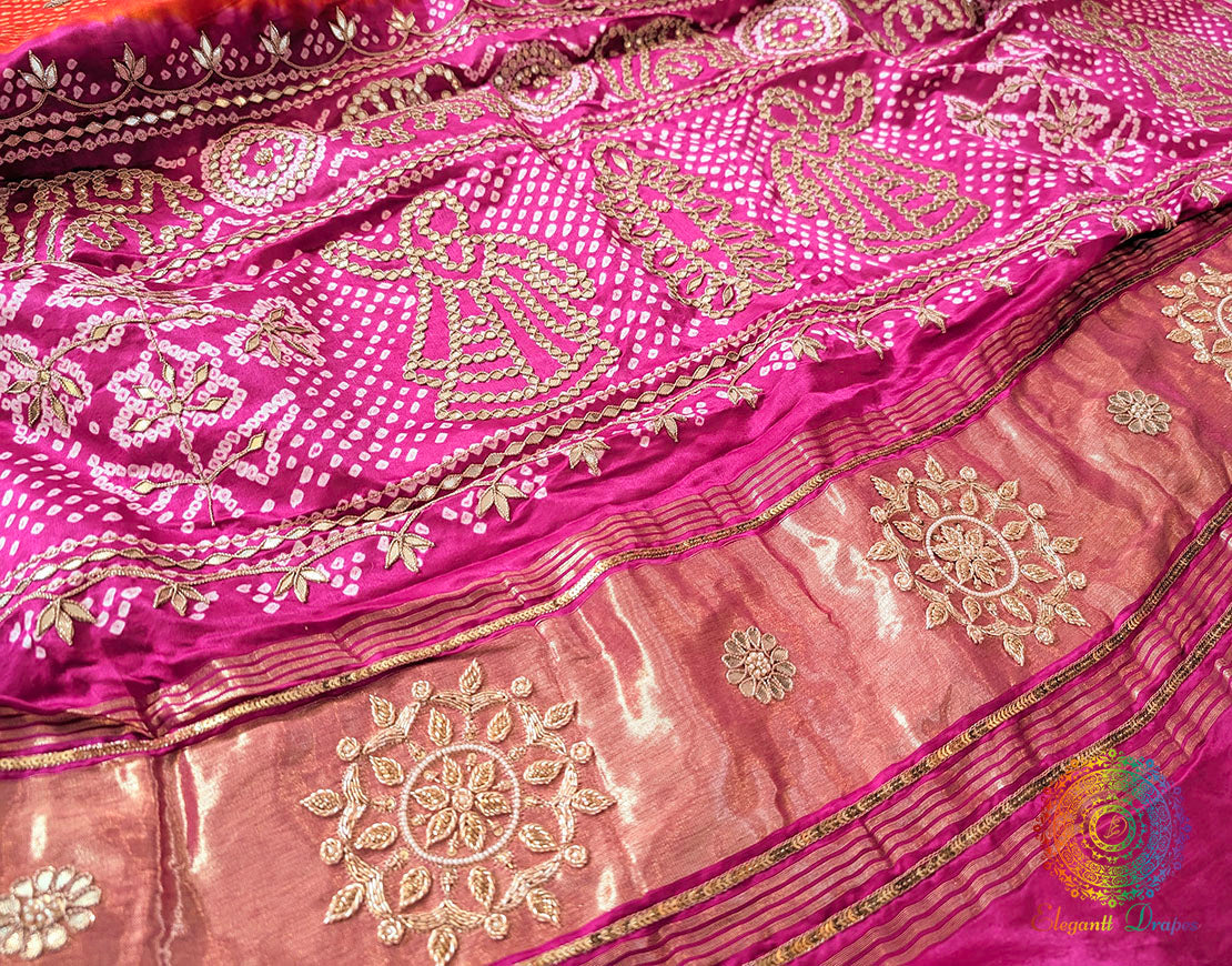 Pink Orange Gaji Silk Bandhani Gota Patti Handwork Dupatta
