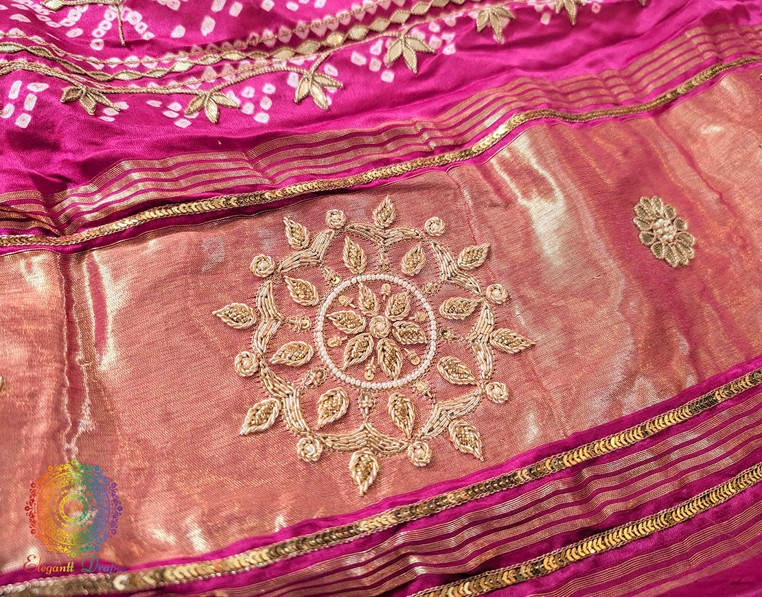 Pink Orange Gaji Silk Bandhani Gota Patti Handwork Dupatta