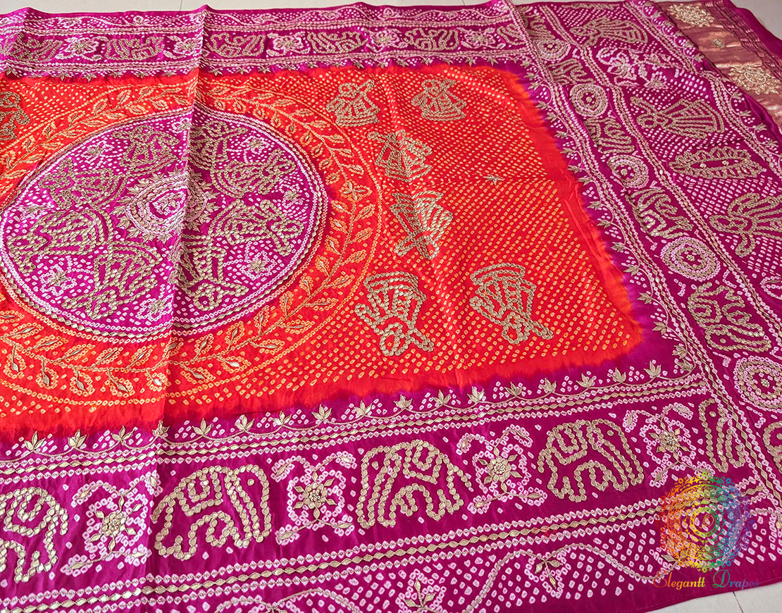 Pink Orange Gaji Silk Bandhani Gota Patti Handwork Dupatta