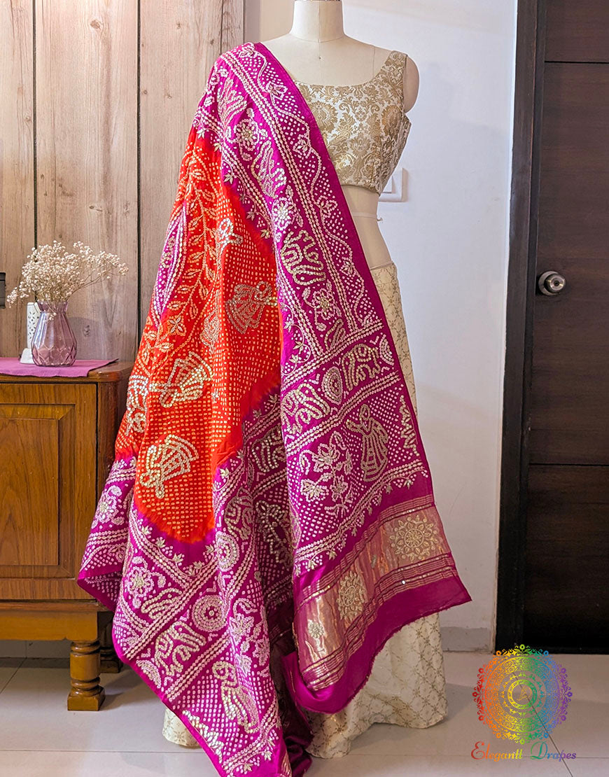 Pink Orange Gaji Silk Bandhani Gota Patti Handwork Dupatta