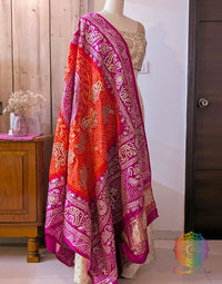 Pink Orange Gaji Silk Bandhani Gota Patti Handwork Dupatta