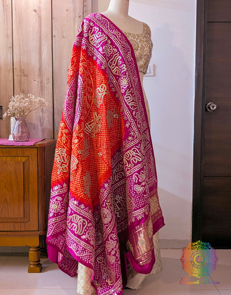 Pink Orange Gaji Silk Bandhani Gota Patti Handwork Dupatta
