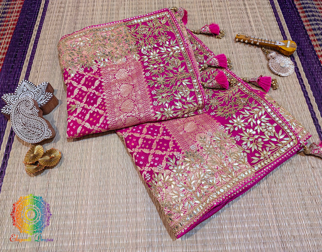 Pink Orange Banarasi Georgette Bandhani Gota Patti Saree – Bandhani Saree Online India | Elegantt Drapes