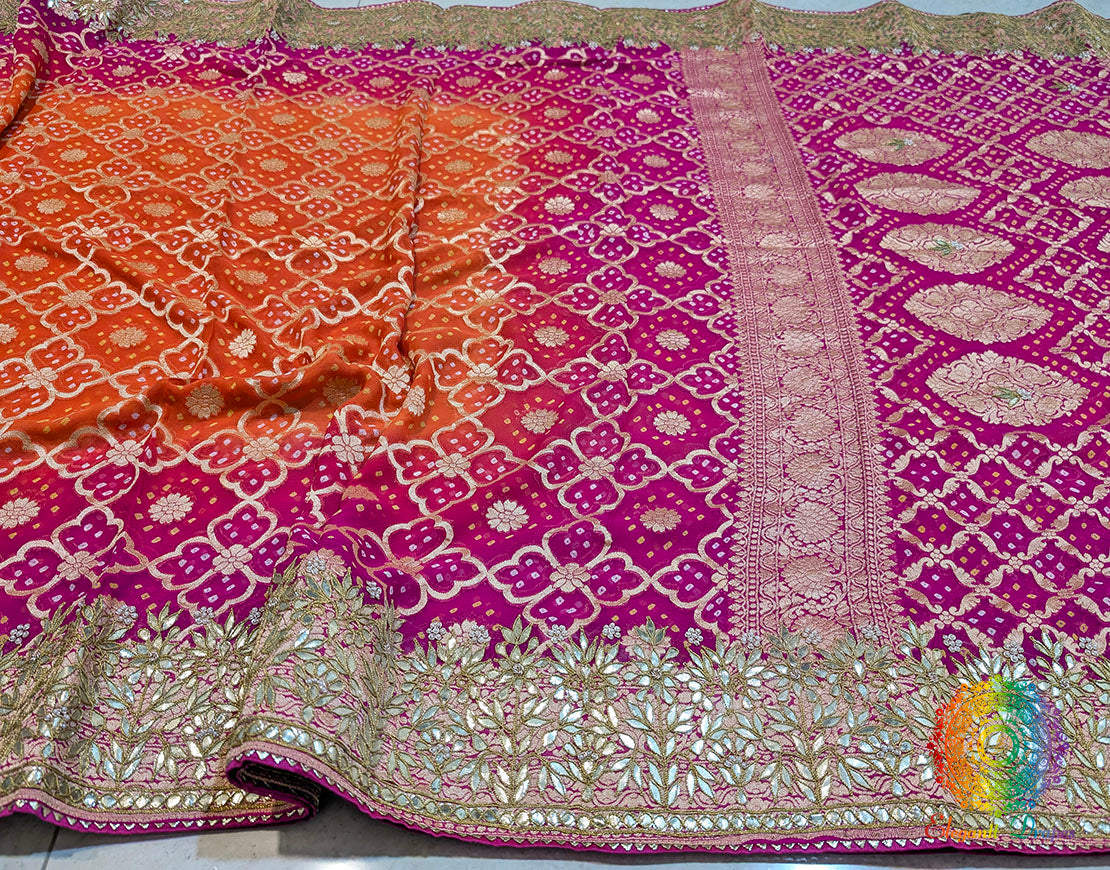 Pink Orange Banarasi Georgette Bandhani Gota Patti Saree – Bandhani Saree Online India | Elegantt Drapes