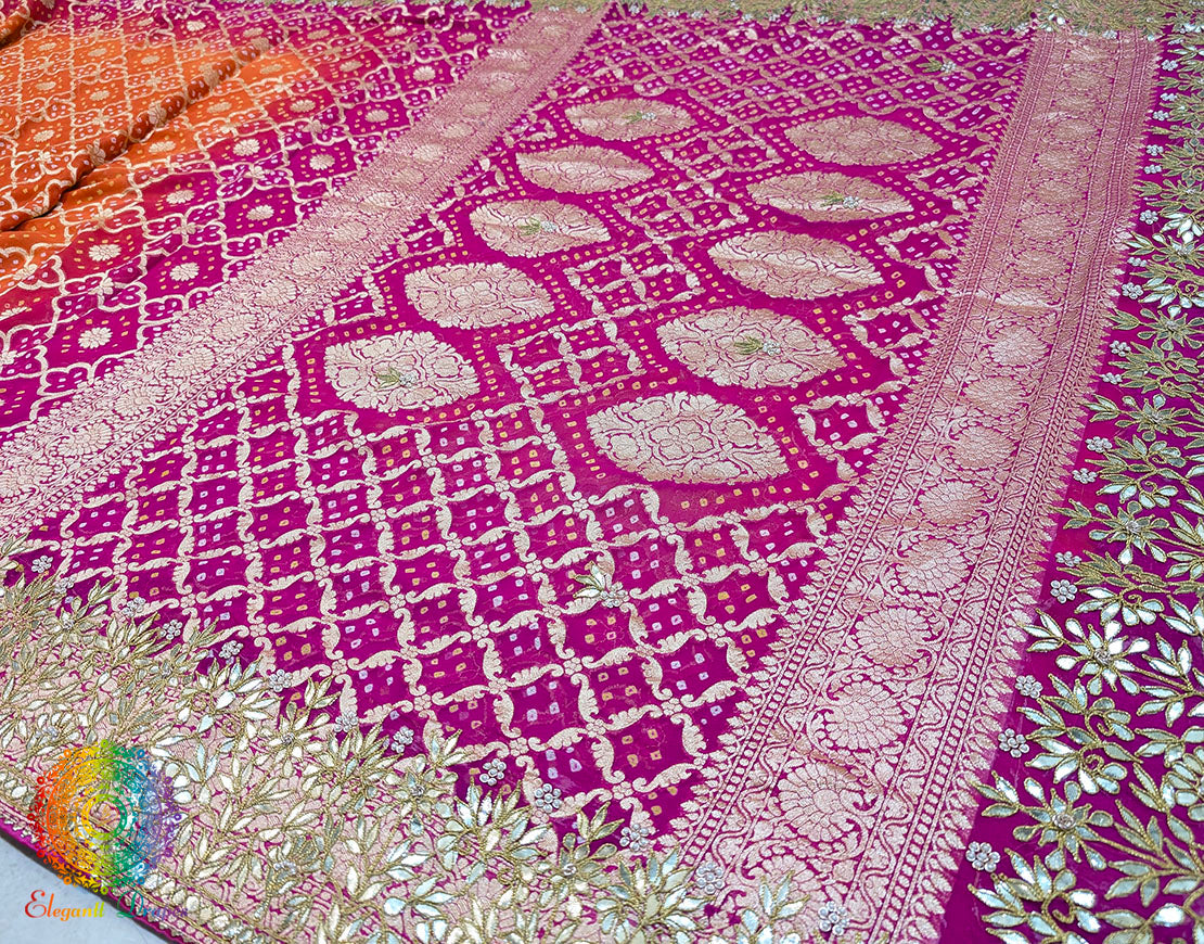 Pink Orange Banarasi Georgette Bandhani Gota Patti Saree – Bandhani Saree Online India | Elegantt Drapes