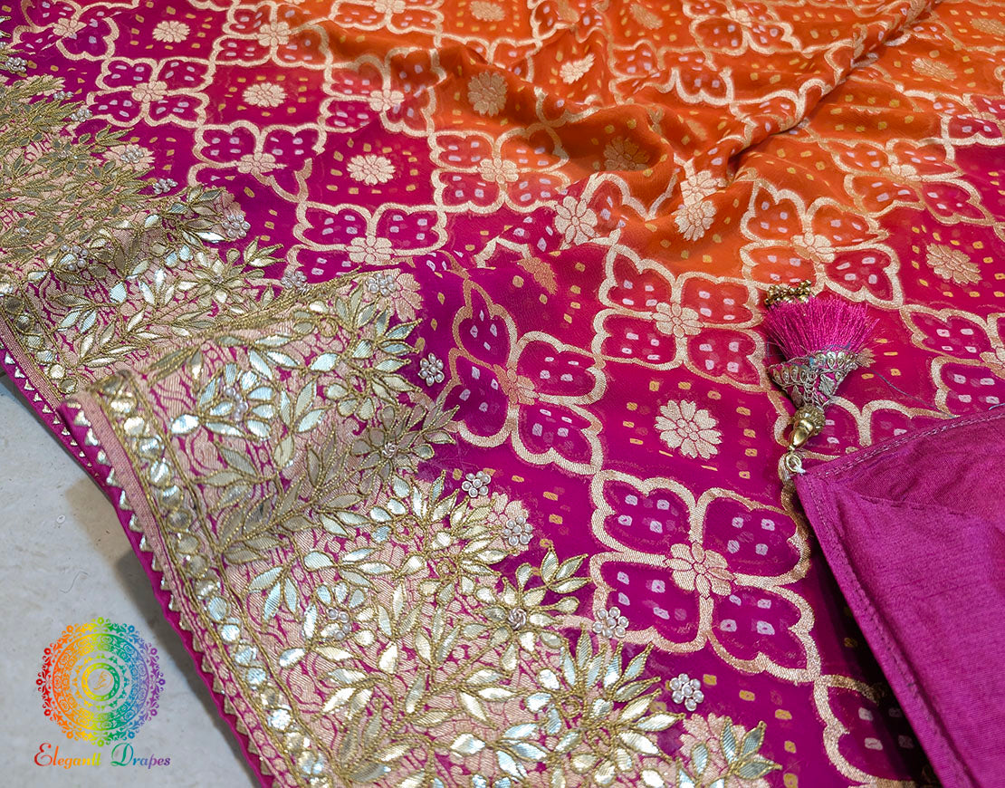 Pink Orange Banarasi Georgette Bandhani Gota Patti Saree – Bandhani Saree Online India | Elegantt Drapes