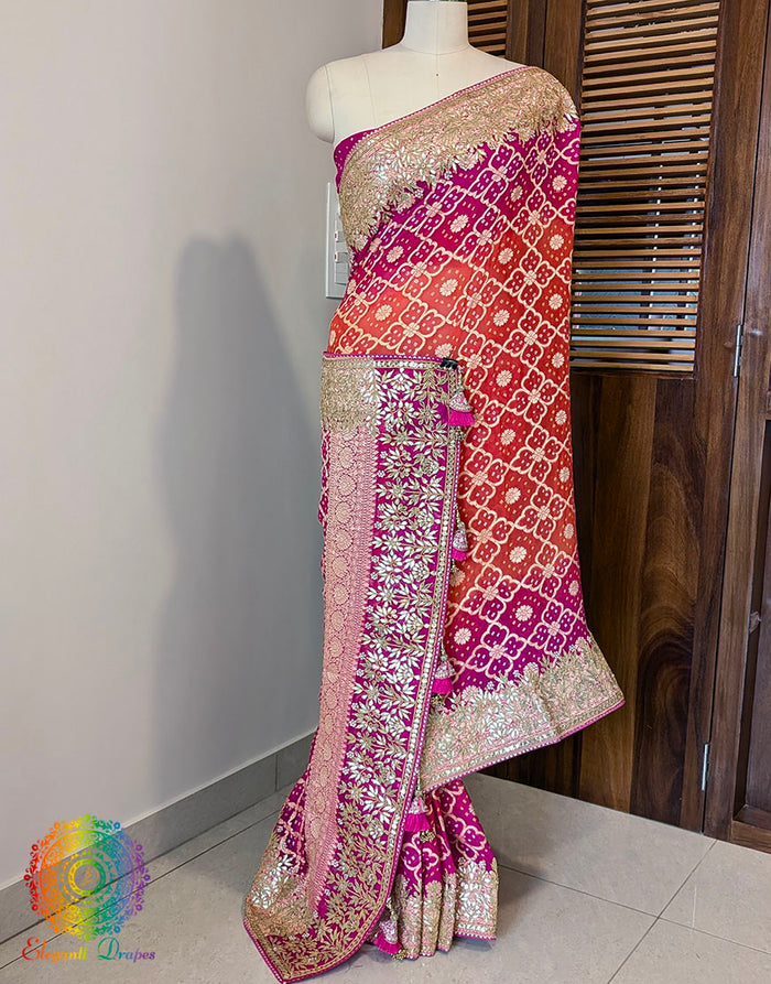 Pink Orange Banarasi Georgette Bandhani Gota Patti Saree – Bandhani Saree Online India | Elegantt Drapes