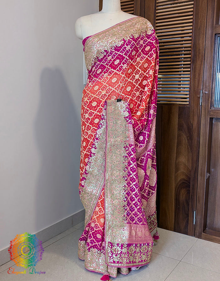 Pink Orange Banarasi Georgette Bandhani Gota Patti Saree – Bandhani Saree Online India | Elegantt Drapes