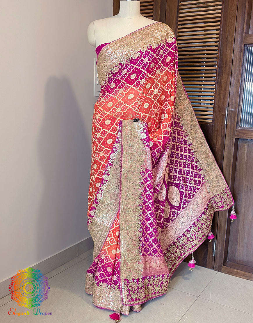 Pink Orange Banarasi Georgette Bandhani Gota Patti Saree – Bandhani Saree Online India | Elegantt Drapes