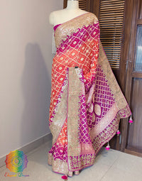Pink Orange Banarasi Georgette Bandhani Gota Patti Saree – Bandhani Saree Online India | Elegantt Drapes