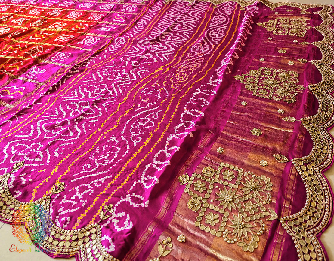 Pink Orange Pure Gaji Silk Gharchola Gota Patti Saree