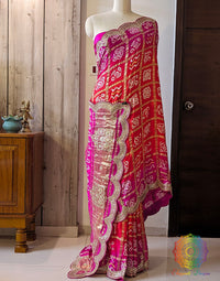 Pink Orange Pure Gaji Silk Gharchola Gota Patti Saree