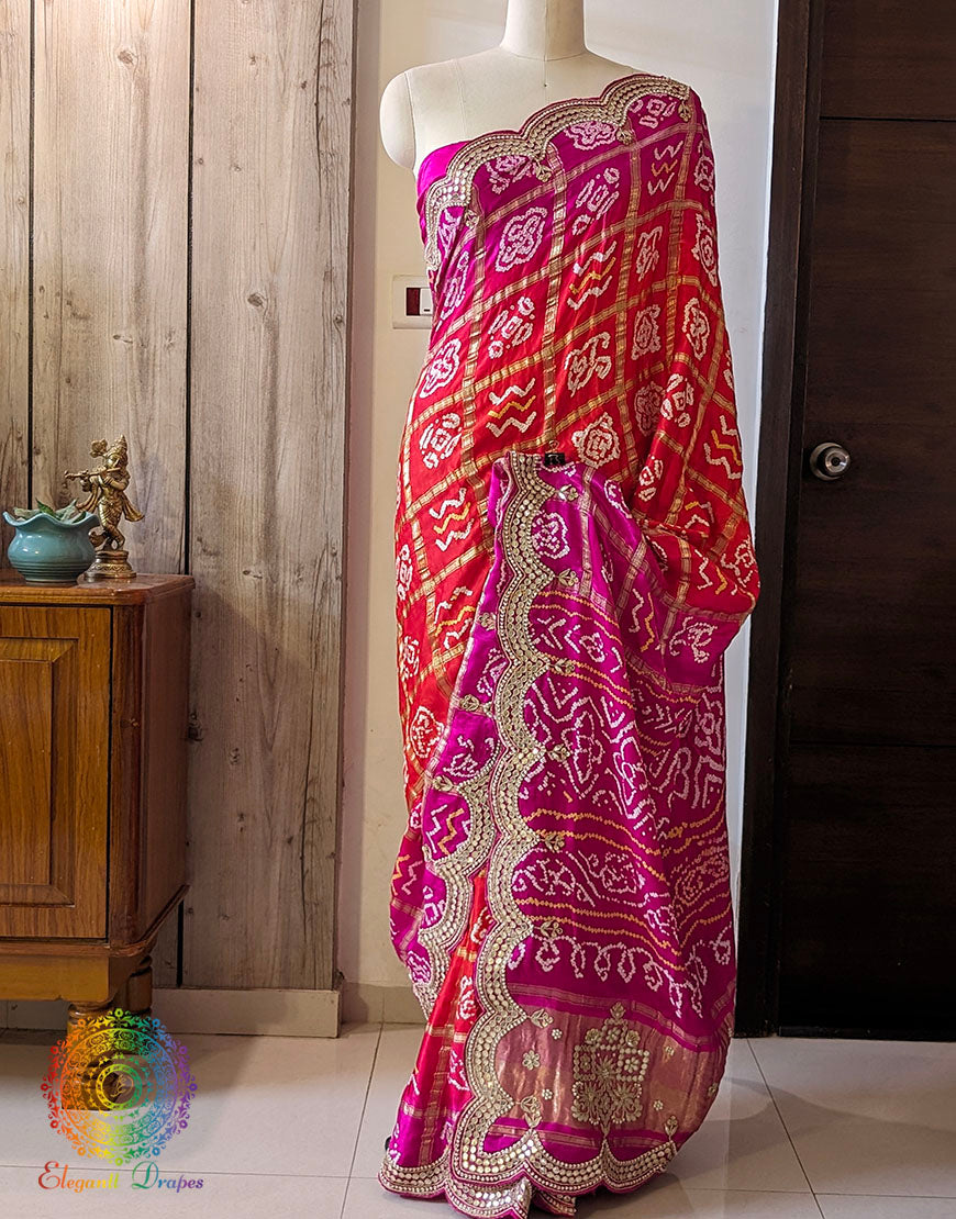 Pink Orange Pure Gaji Silk Gharchola Gota Patti Saree