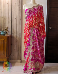 Pink Orange Pure Gaji Silk Gharchola Gota Patti Saree