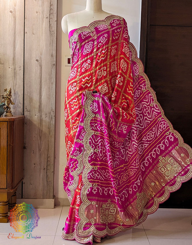 Pink Orange Pure Gaji Silk Gharchola Gota Patti Saree