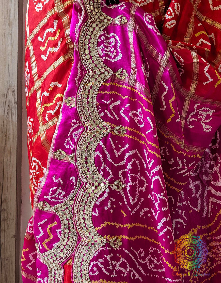 Pink Orange Pure Gaji Silk Gharchola Gota Patti Saree