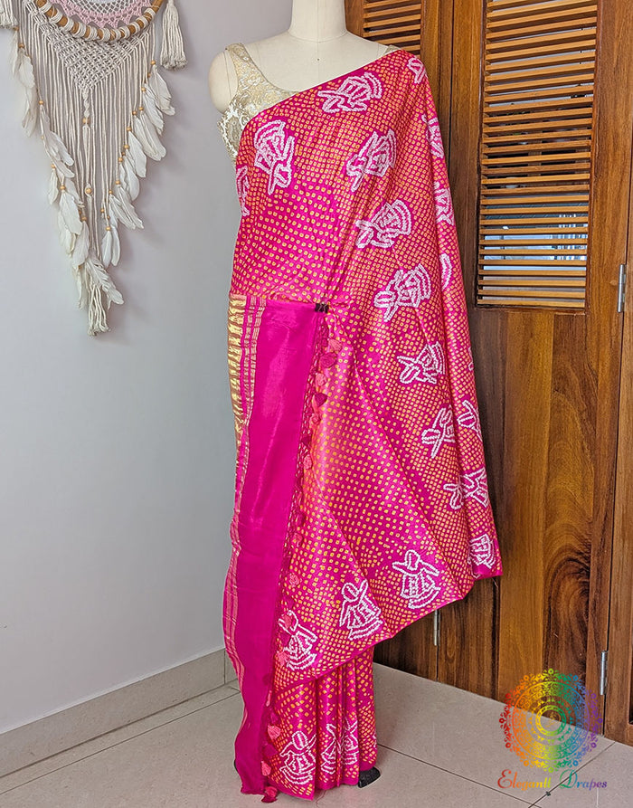 Pink Peach Pure Gajji Silk Rai Bandhej Saree – Bandhani Saree Online India | Elegantt Drapes