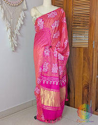 Pink Peach Pure Gajji Silk Rai Bandhej Saree – Bandhani Saree Online India | Elegantt Drapes