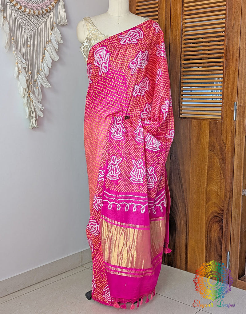 Pink Peach Pure Gajji Silk Rai Bandhej Saree – Bandhani Saree Online India | Elegantt Drapes
