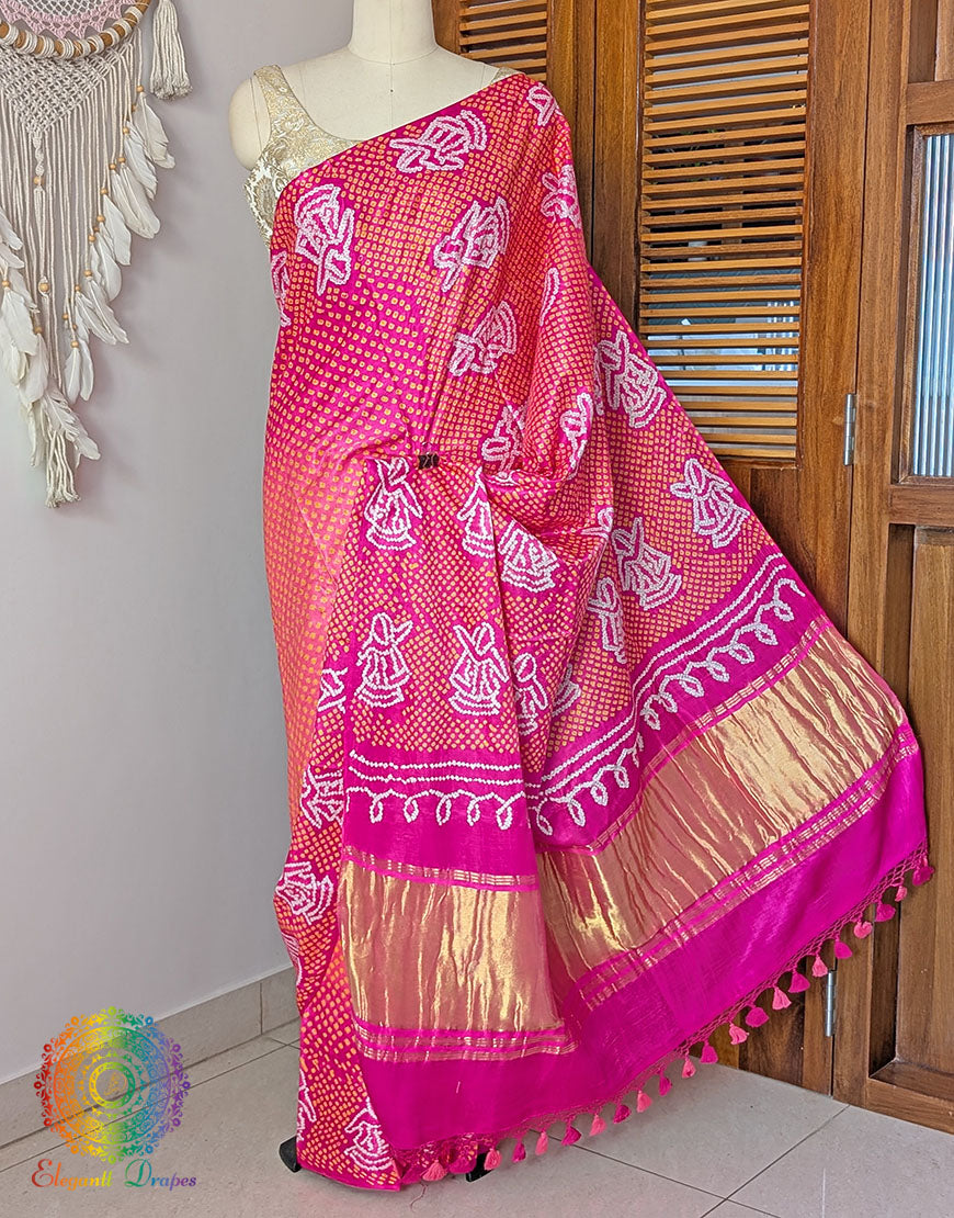 Pink Peach Pure Gajji Silk Rai Bandhej Saree – Bandhani Saree Online India | Elegantt Drapes