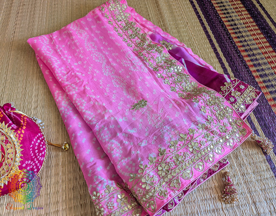 Pink Purple Chinon Bandhej Leharia Gota Patti Saree – Bandhani Saree Online India | Elegantt Drapes