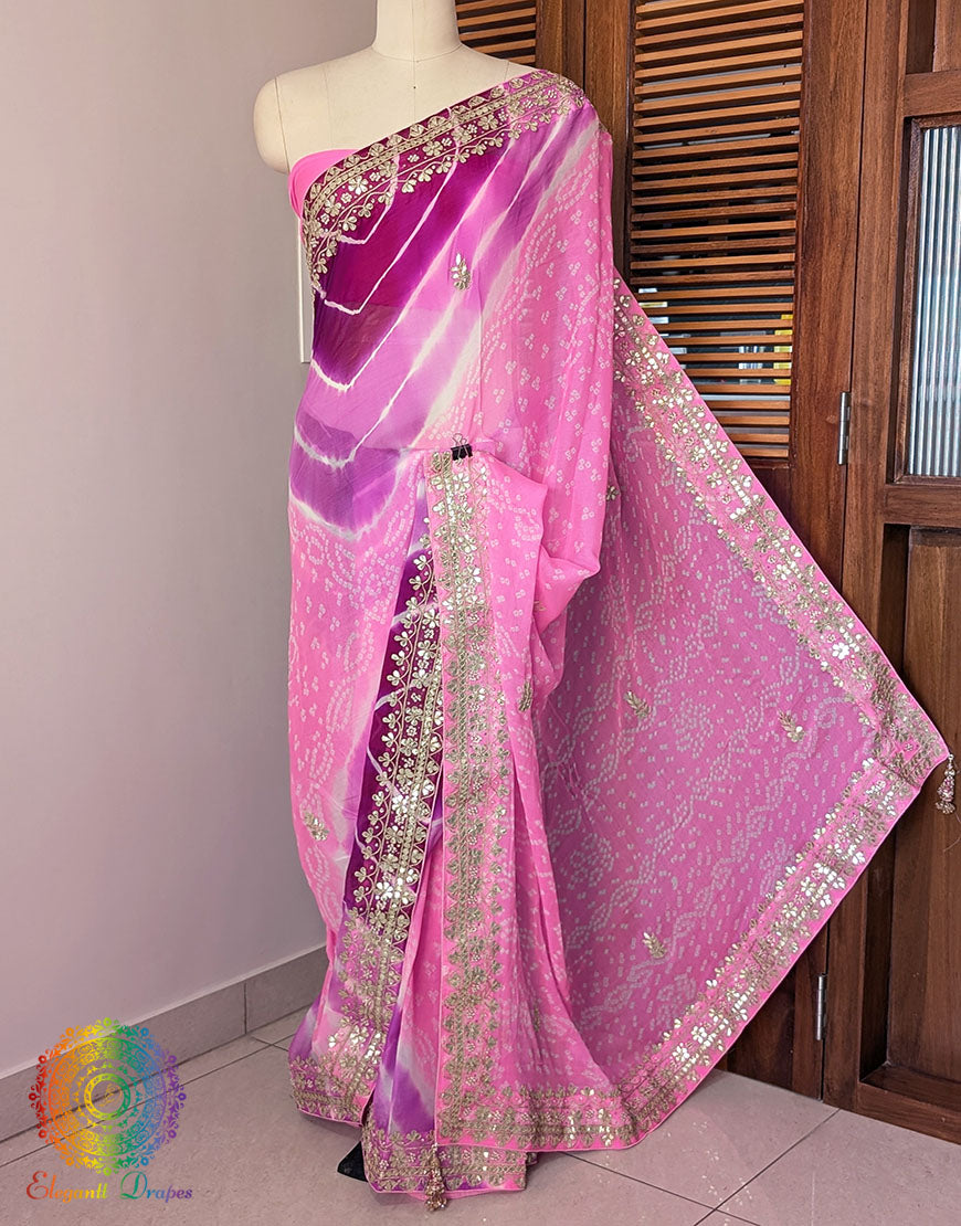 Pink Purple Chinon Bandhej Leharia Gota Patti Saree – Bandhani Saree Online India | Elegantt Drapes