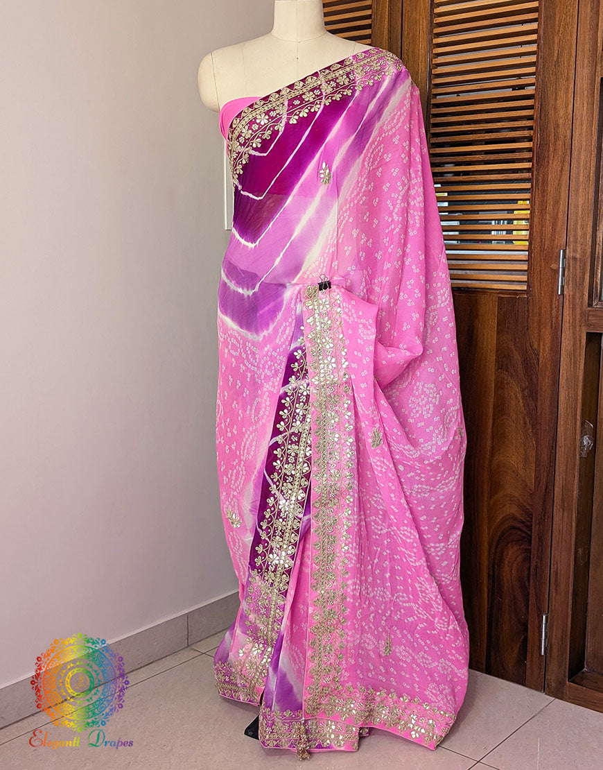 Pink Purple Chinon Bandhej Leharia Gota Patti Saree – Bandhani Saree Online India | Elegantt Drapes