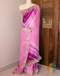 Pink Purple Chinon Bandhej Leharia Gota Patti Saree – Bandhani Saree Online India | Elegantt Drapes