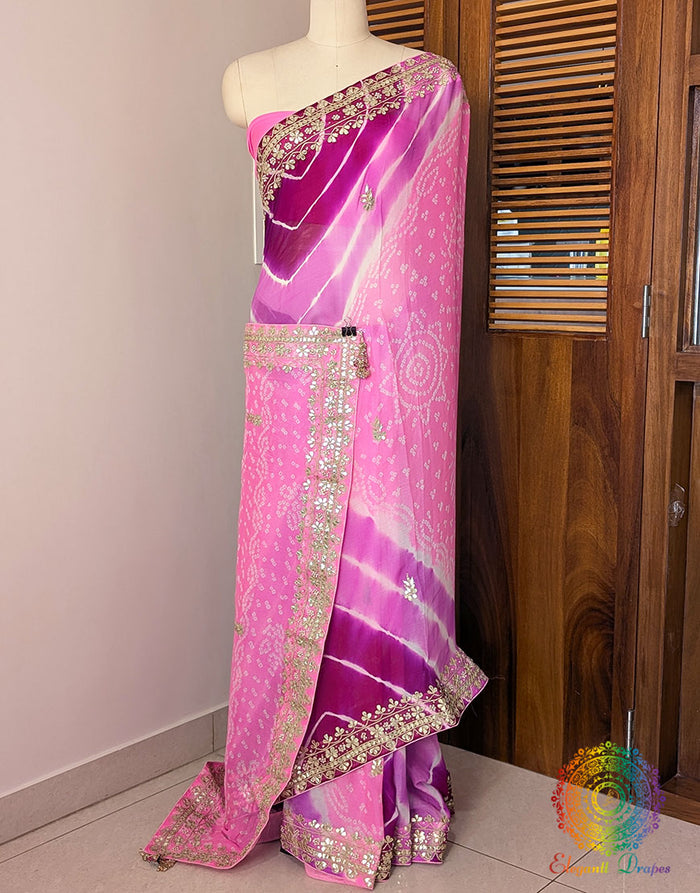 Pink Purple Chinon Bandhej Leharia Gota Patti Saree – Bandhani Saree Online India | Elegantt Drapes