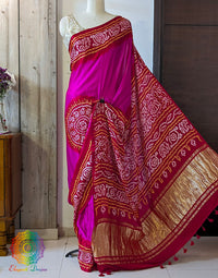 Pink Red saree pallu with Bandhej detailing
