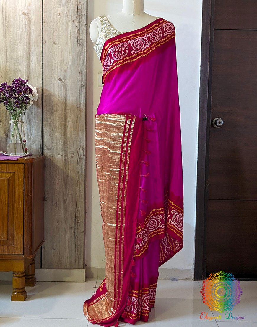 Pink Red Bandhani saree with traditional Gujarati tie dye