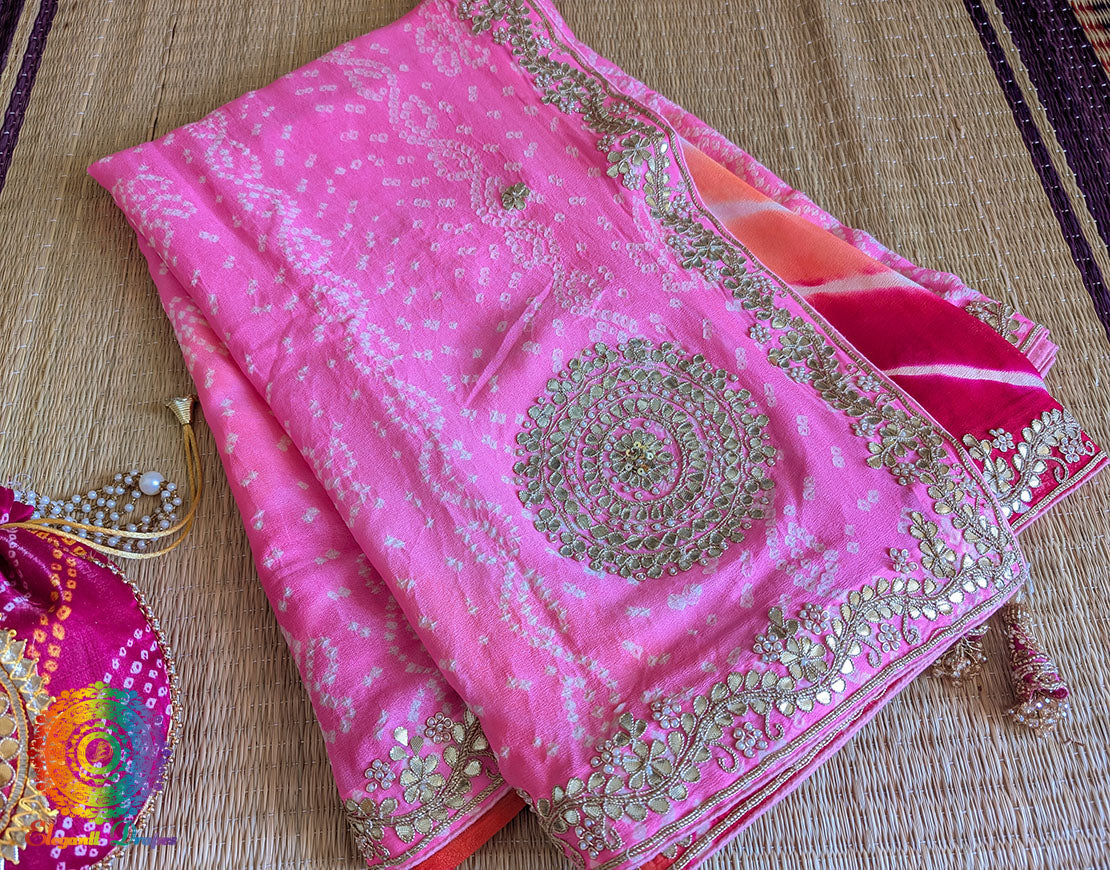 Pink Chinon Bandhej Leharia Gota Patti Saree – Bandhani Saree Online India | Elegantt Drapes