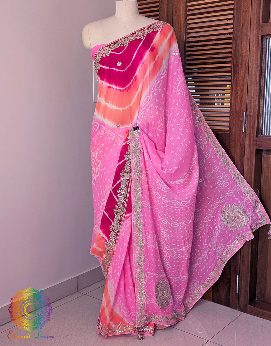 Pink Chinon Bandhej Leharia Gota Patti Saree – Bandhani Saree Online India | Elegantt Drapes
