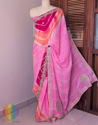 Pink Chinon Bandhej Leharia Gota Patti Saree – Bandhani Saree Online India | Elegantt Drapes