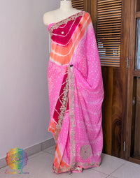 Pink Chinon Bandhej Leharia Gota Patti Saree – Bandhani Saree Online India | Elegantt Drapes
