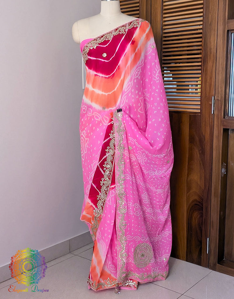 Pink Chinon Bandhej Leharia Gota Patti Saree – Bandhani Saree Online India | Elegantt Drapes