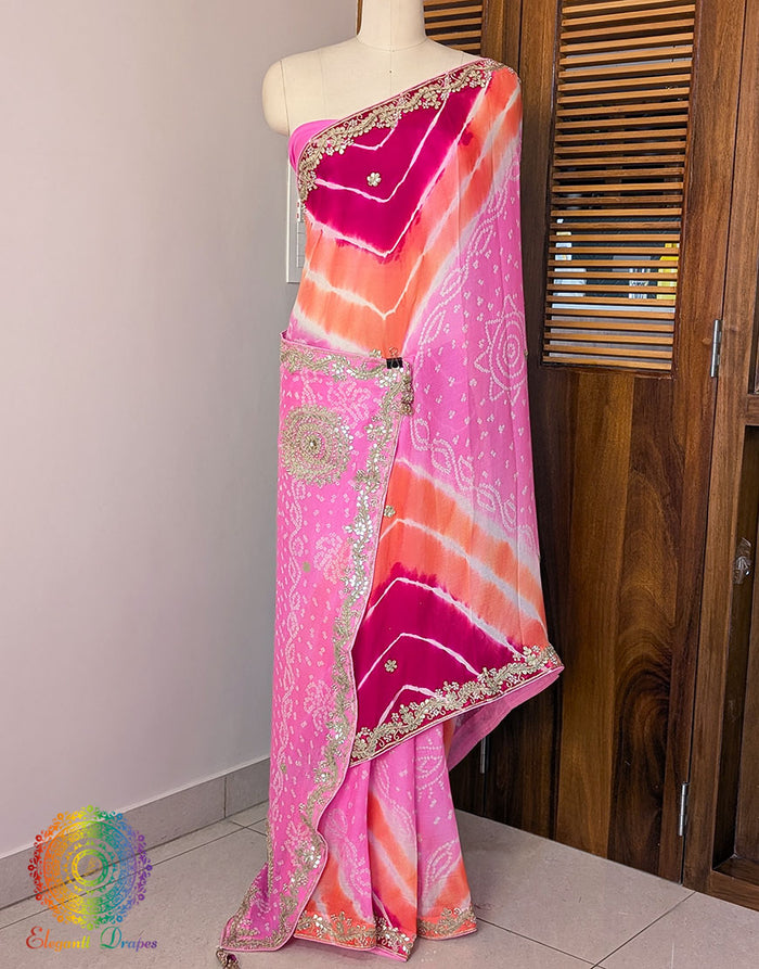 Pink Chinon Bandhej Leharia Gota Patti Saree – Bandhani Saree Online India | Elegantt Drapes