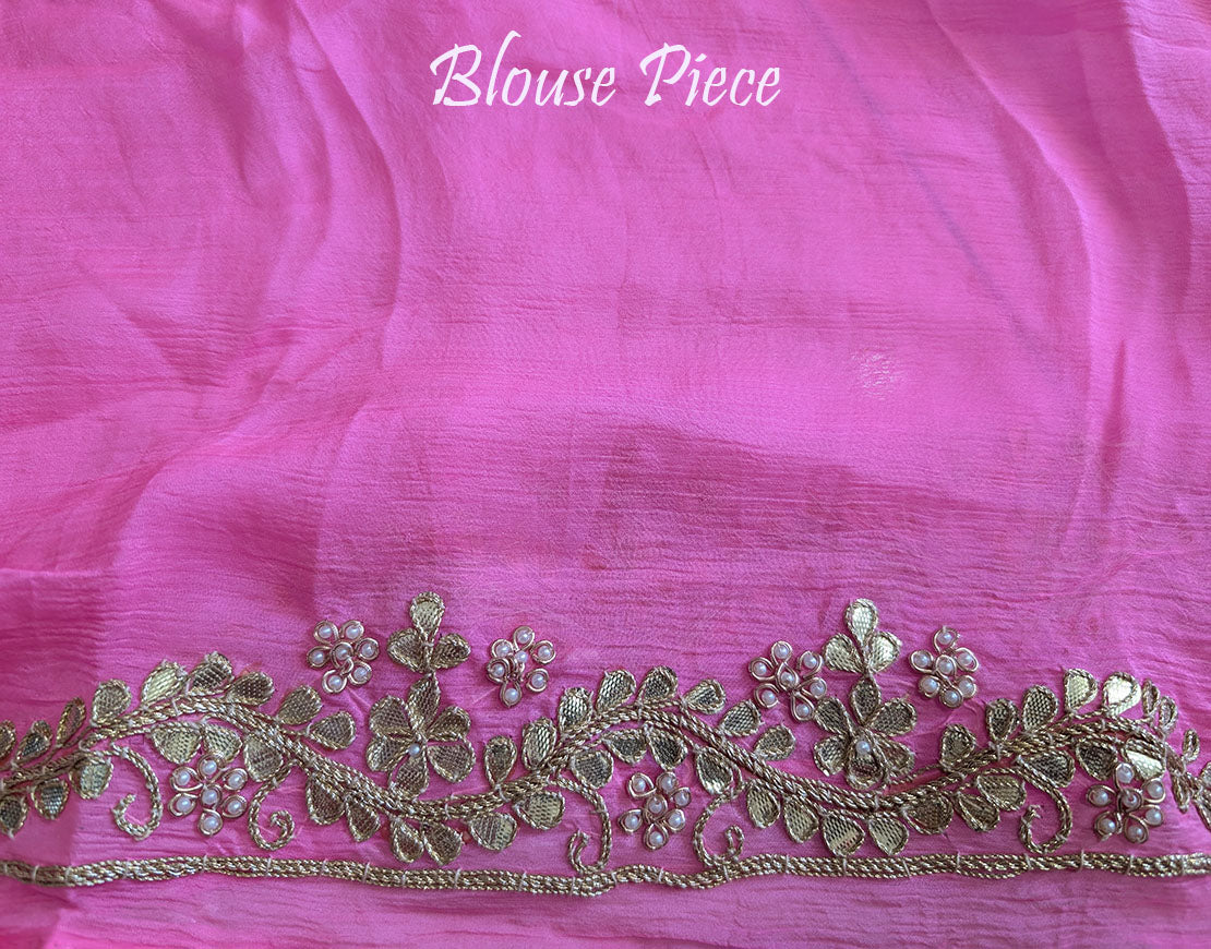 Pink Chinon Bandhej Leharia Gota Patti Saree – Bandhani Saree Online India | Elegantt Drapes