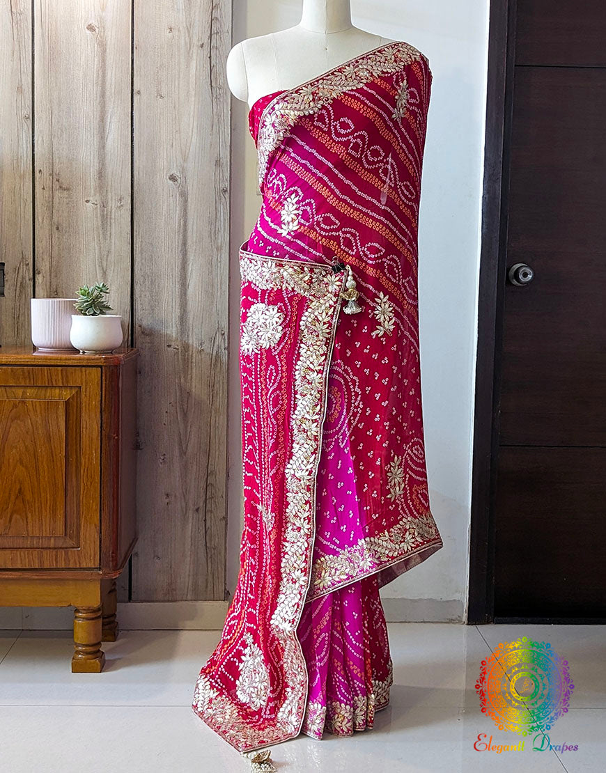 Red Pink Pure Chinon Bandhej Gota Patti Saree