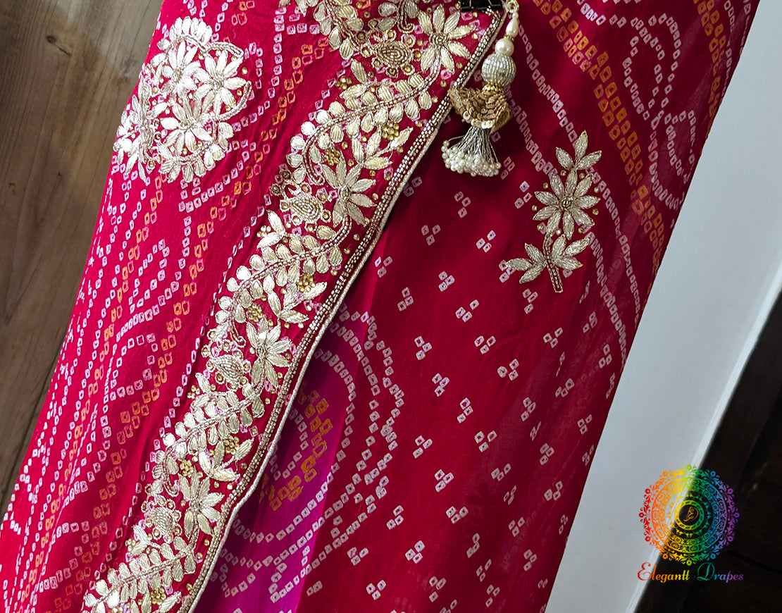 Red Pink Pure Chinon Bandhej Gota Patti Saree
