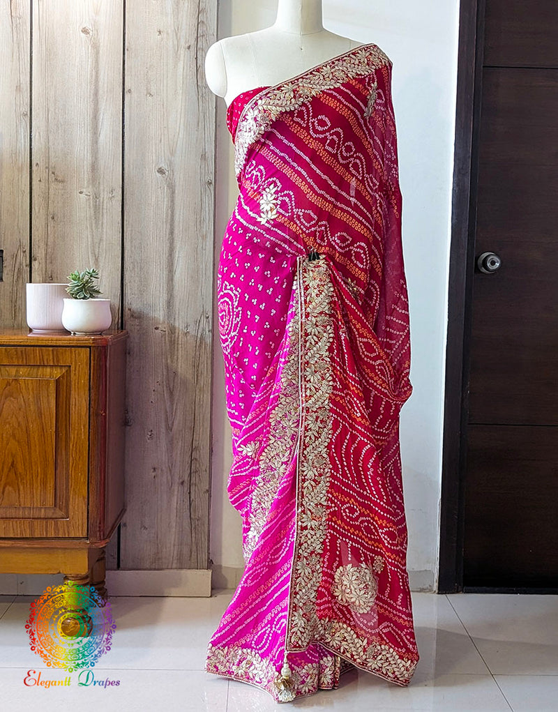 Red Pink Pure Chinon Bandhej Gota Patti Saree
