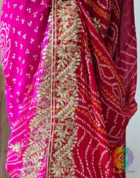 Red Pink Pure Chinon Bandhej Gota Patti Saree
