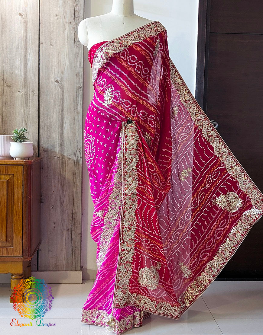 Red Pink Pure Chinon Bandhej Gota Patti Saree