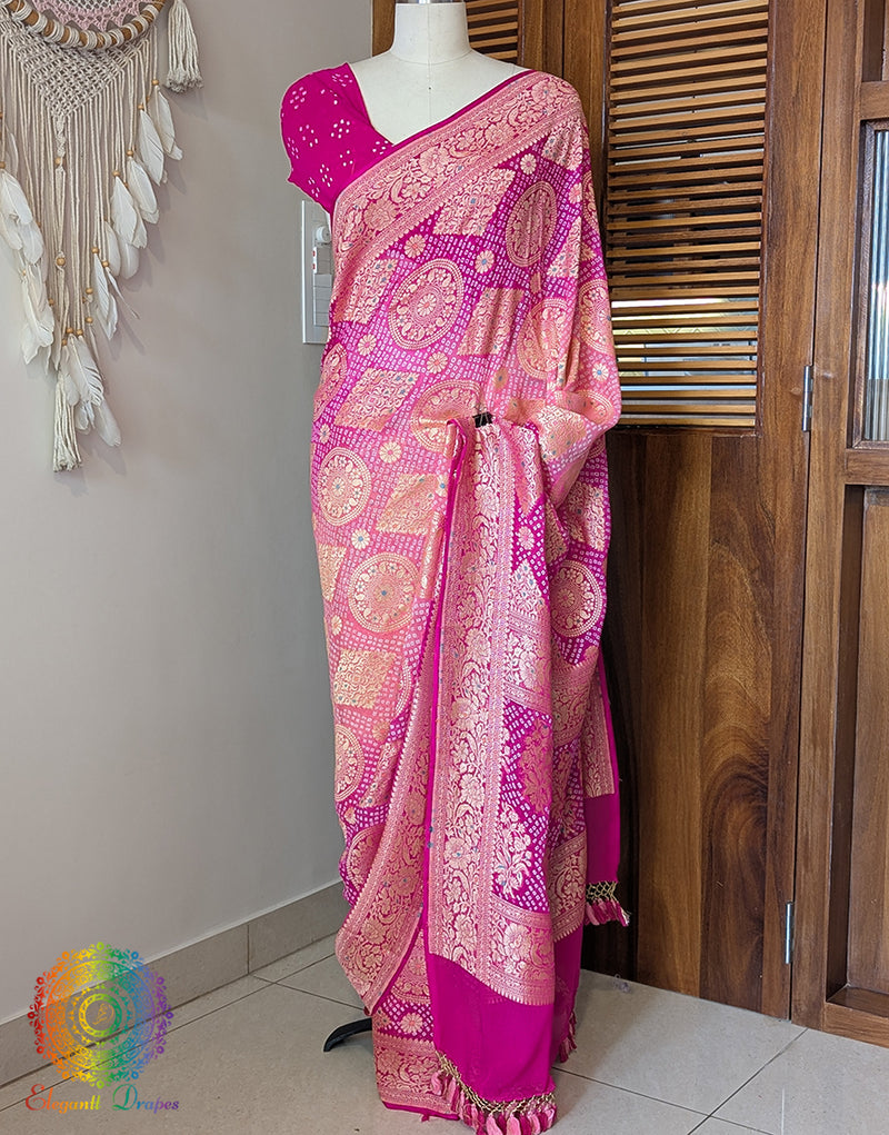 Pink Shaded Pure Banarasi Georgette Meenakari Bandhani Saree – Bandhani Saree Online India | Elegantt Drapes