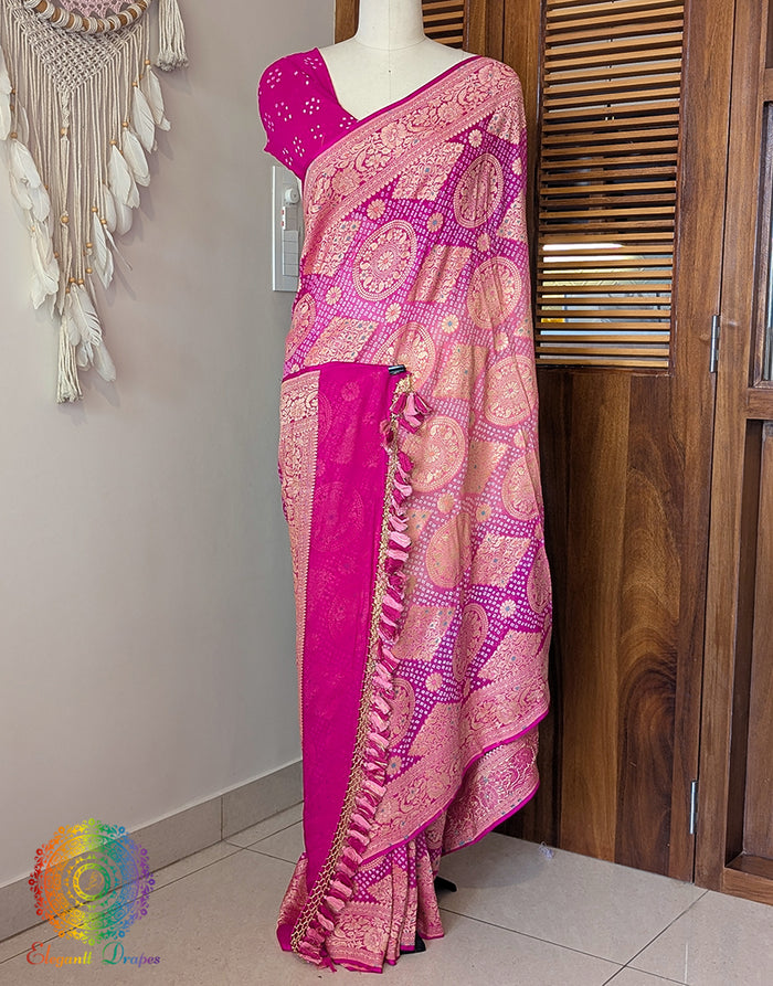 Pink Shaded Pure Banarasi Georgette Meenakari Bandhani Saree – Bandhani Saree Online India | Elegantt Drapes