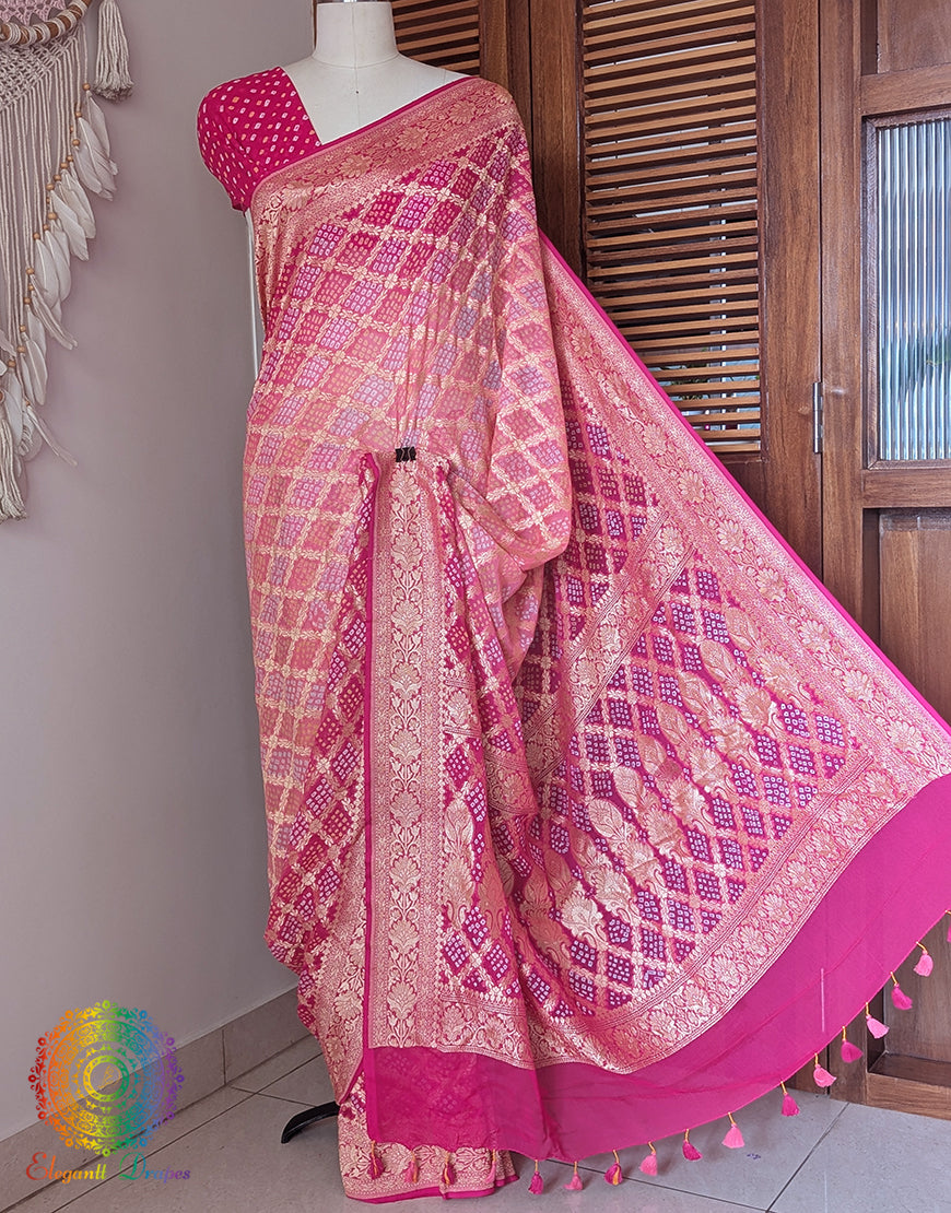 Pink Shaded Banarasi Bandhani Khaddi Georgette Saree – Bandhani Saree Online India | Elegantt Drapes