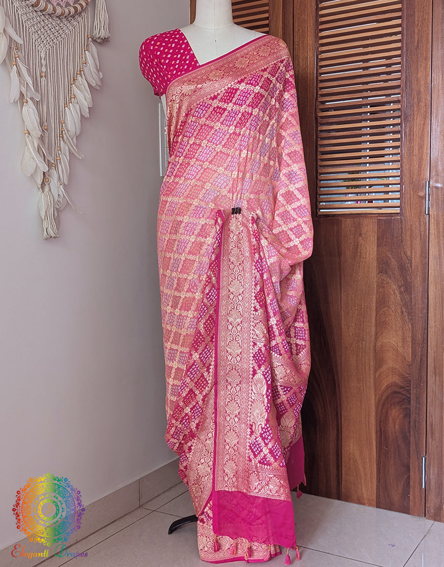 Pink Shaded Banarasi Bandhani Khaddi Georgette Saree – Bandhani Saree Online India | Elegantt Drapes